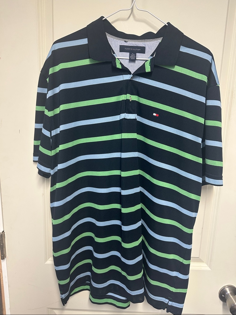 Tommy Hilfiger Navy Polo with Light Blue & Green Stripes Size XL
